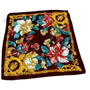 Square Scarf Brown Red Green Yellow Floral Baroque Style Made in Italy NOS 33"